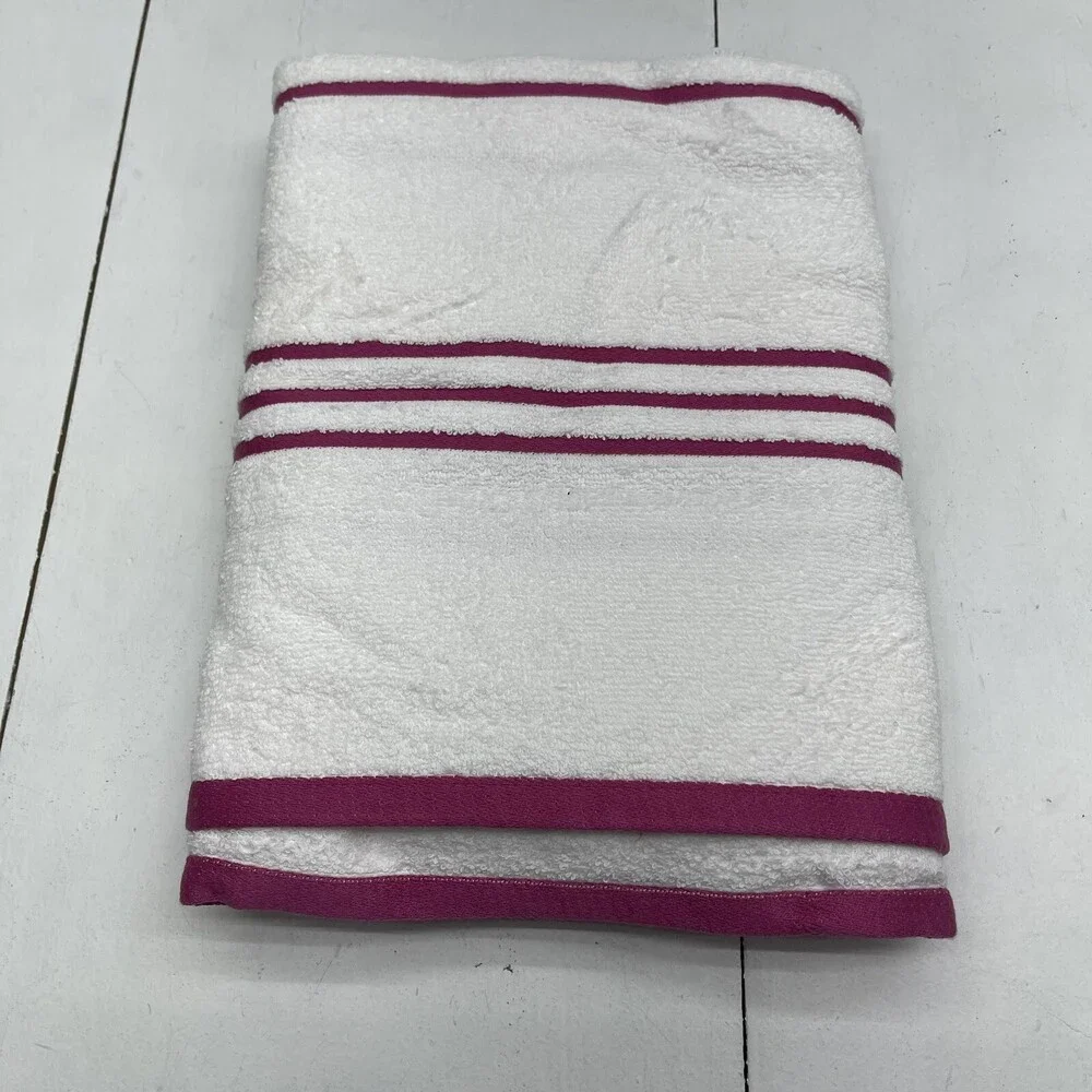 Tommy Hilfiger Modern American White Raspberry Stripe Bath Towel 30 X 54 In New*